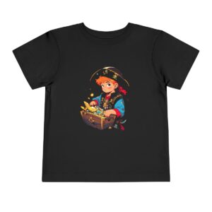 Toddler short sleeve tee with a pirate boy design on a black background