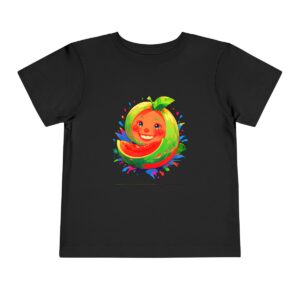 Black toddler short sleeve tee with a cute smiling melon character surrounded by colorful splashes