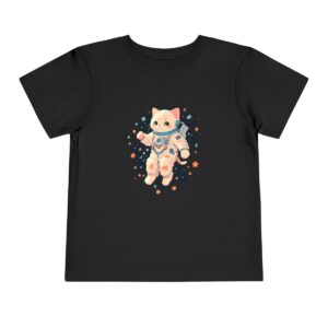 Black toddler T-shirt with astronaut cat illustration among stars