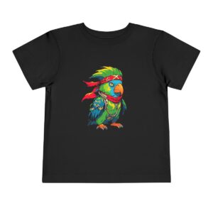 Toddler short sleeve tee with a pirate parrot design on a black background