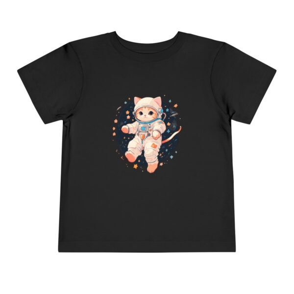 Black toddler T-shirt with astronaut cat floating in space