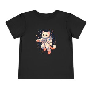 Black toddler T-shirt with astronaut cat illustration in space