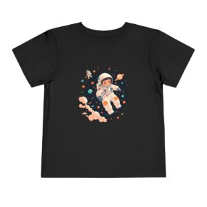 Black toddler T-shirt with a single astronaut illustration in space