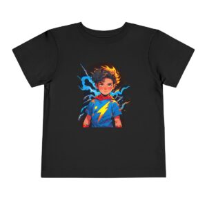 Black toddler short sleeve tee with a vibrant superhero illustration featuring a child with lightning bolts