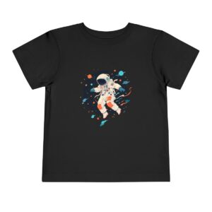 Black toddler T-shirt with an astronaut floating in space graphic