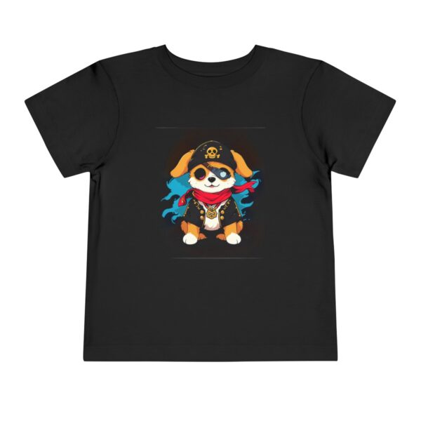 Black toddler short sleeve tee with a cute pirate dog illustration wearing a bandana and pirate hat