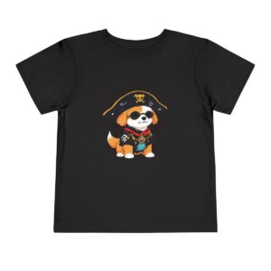 Black toddler short sleeve tee with a cute pirate dog illustration wearing a hat and eye patch