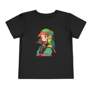 Toddler short sleeve tee with a pirate girl and parrot design on a black background