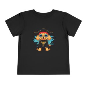 Black toddler short sleeve tee with cute pirate dog illustration