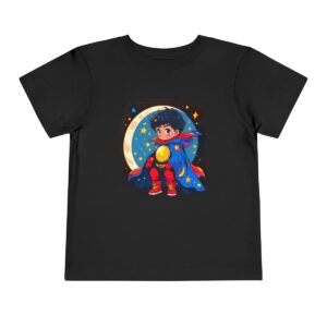 Black toddler short sleeve tee with cute superhero boy illustration