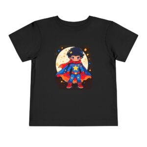 Black toddler short sleeve tee with cute superhero boy illustration