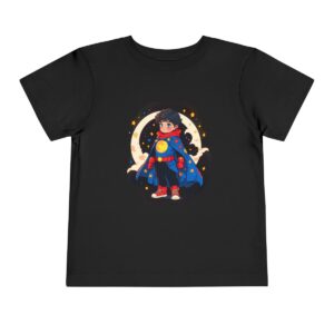 Black toddler short sleeve tee with cute superhero boy illustration