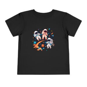 Black toddler short sleeve tee with cute astronauts in space illustration