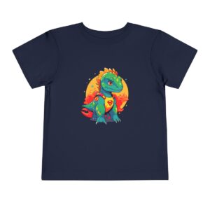 Navy toddler short sleeve tee with a cute superhero dinosaur character design