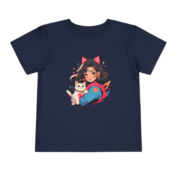 Navy toddler short sleeve tee with a cute superheroine holding a cat design