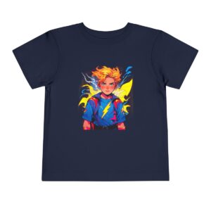 Navy toddler short sleeve tee with a vibrant superhero illustration featuring a child with lightning bolts