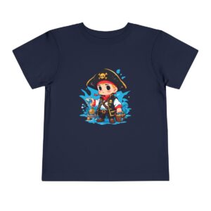 Toddler short sleeve tee with a pirate design on a navy blue background