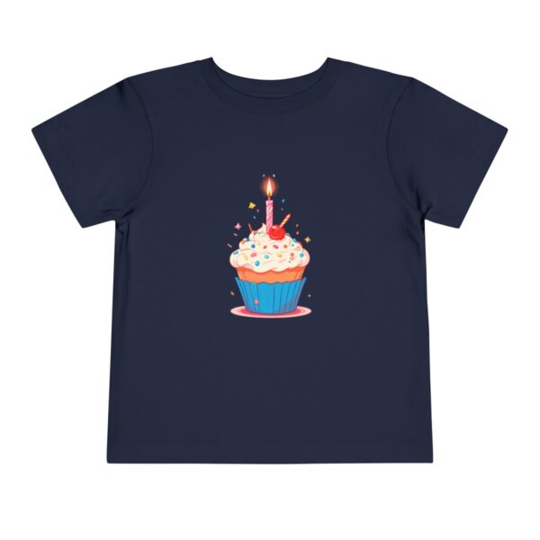 Navy blue toddler short sleeve tee with cupcake and lit candle illustration