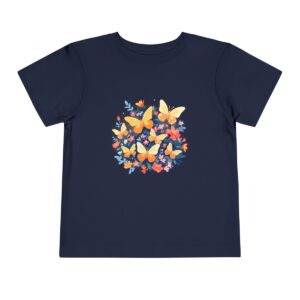 Navy blue toddler short sleeve tee with vibrant butterflies and flowers illustration