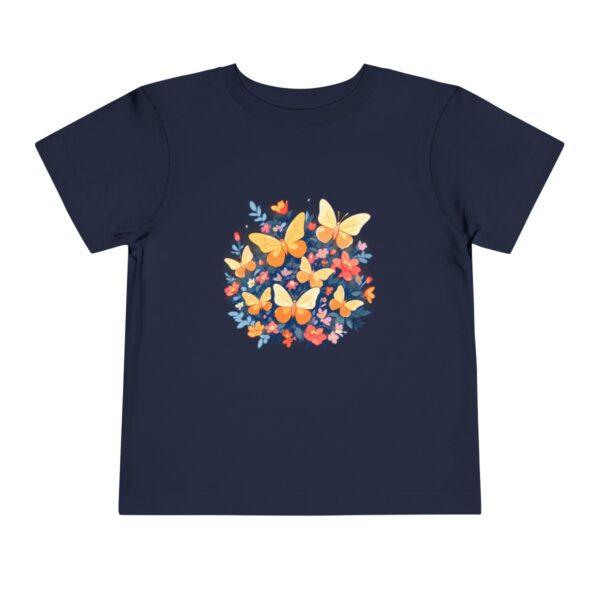 Navy blue toddler short sleeve tee with vibrant butterflies and flowers illustration