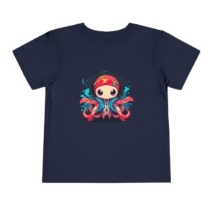 Toddler short sleeve tee with a pirate octopus design on a navy blue background