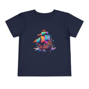 Toddler short sleeve tee with a pirate ship design on a navy blue background