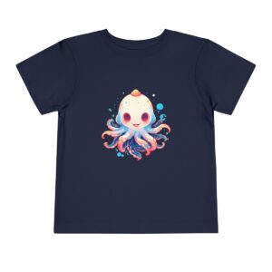 Navy blue toddler short sleeve tee with a cute baby squid illustration