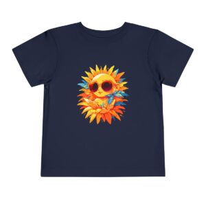 Navy blue toddler short sleeve tee with a cute summer sun wearing sunglasses illustration