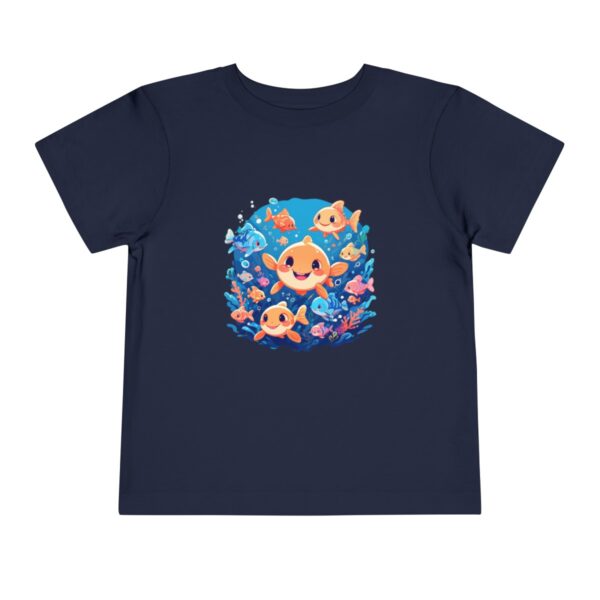 Navy blue toddler short sleeve tee with a vibrant ocean scene featuring colorful fish