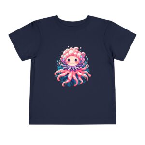 Navy blue toddler short sleeve tee with a cute pink anemone illustration