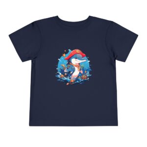 Toddler short sleeve tee with a pirate dolphin design on a navy blue background