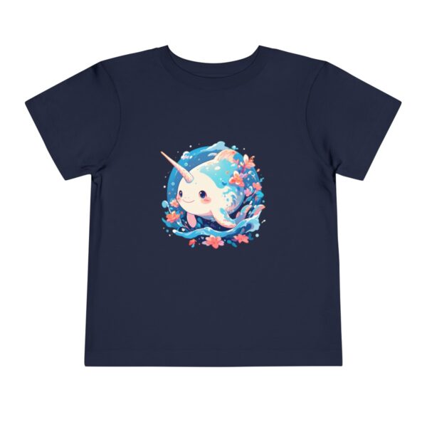 Navy blue toddler short sleeve tee with a cute narwhal illustration