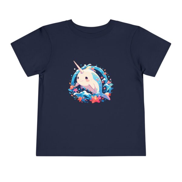 Navy blue toddler short sleeve tee with a cute narwhal illustration