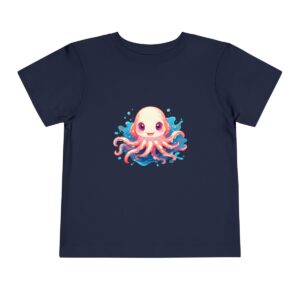 Navy blue toddler short sleeve tee with a cute baby squid illustration