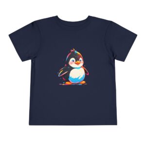 Navy blue toddler short sleeve tee with a cute penguin illustration