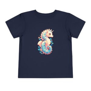 Navy blue toddler short sleeve tee with a cute unicorn seahorse illustration