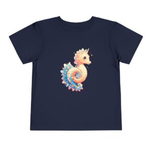 Navy blue toddler short sleeve tee with a cute seahorse illustration