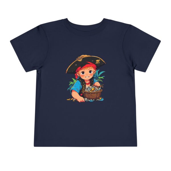 Toddler short sleeve tee with a pirate boy design on a navy blue background