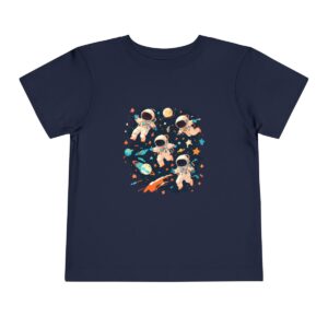 Navy toddler T-shirt with astronaut group illustration in space