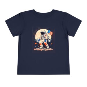 Navy toddler T-shirt with an astronaut holding a flag graphic