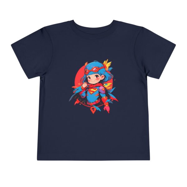 Toddler short sleeve tee with a colorful superhero girl design on a navy blue background