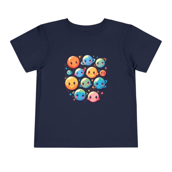 Navy blue Toddler T-shirt with a cartoon of colorful planets with faces