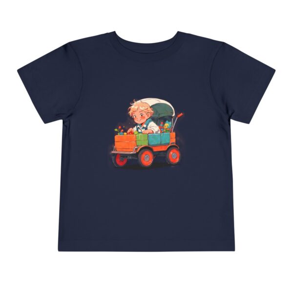 Navy blue Toddler T-shirt with a cartoon of a child in a blue wagon