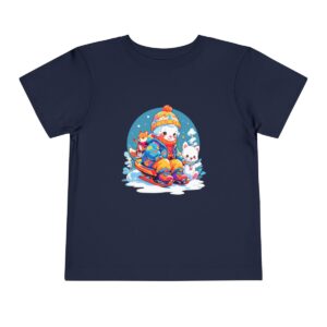 Navy blue toddler short sleeve tee with a cute sledding scene illustration