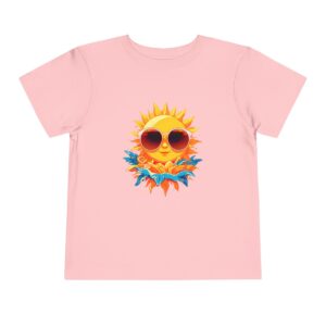 Pink toddler short sleeve tee with a cute summer sun wearing sunglasses illustration