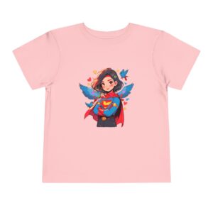 Toddler short sleeve tee with a superhero girl design on a light pink background