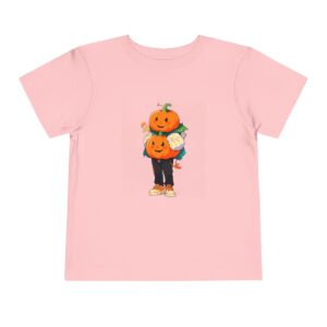 Pink toddler T-shirt with happy pumpkins illustration