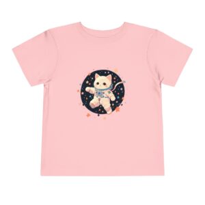 Pink toddler T-shirt with astronaut cat illustration in space