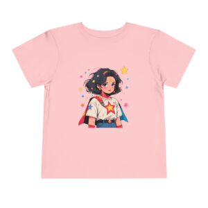 Pink toddler short sleeve tee with a cute superheroine illustration featuring stars