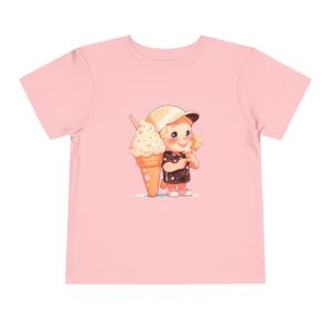 Pink Toddler T-shirt with a cartoon of a child standing next to a giant ice cream cone